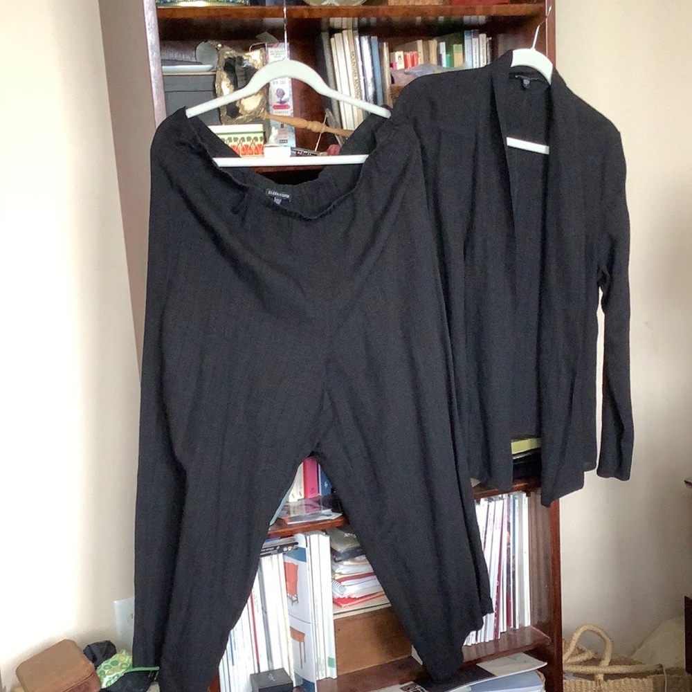 Eileen Fisher matching jacket and pants. Textured material machine washable.